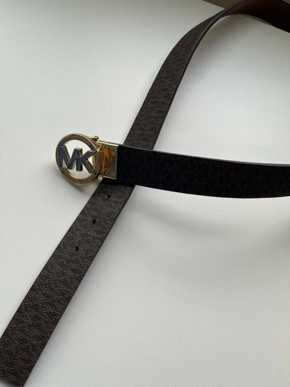Michael Kors Reversible MK Logo Belt Brown Monogram Gold Buckle 43.5”